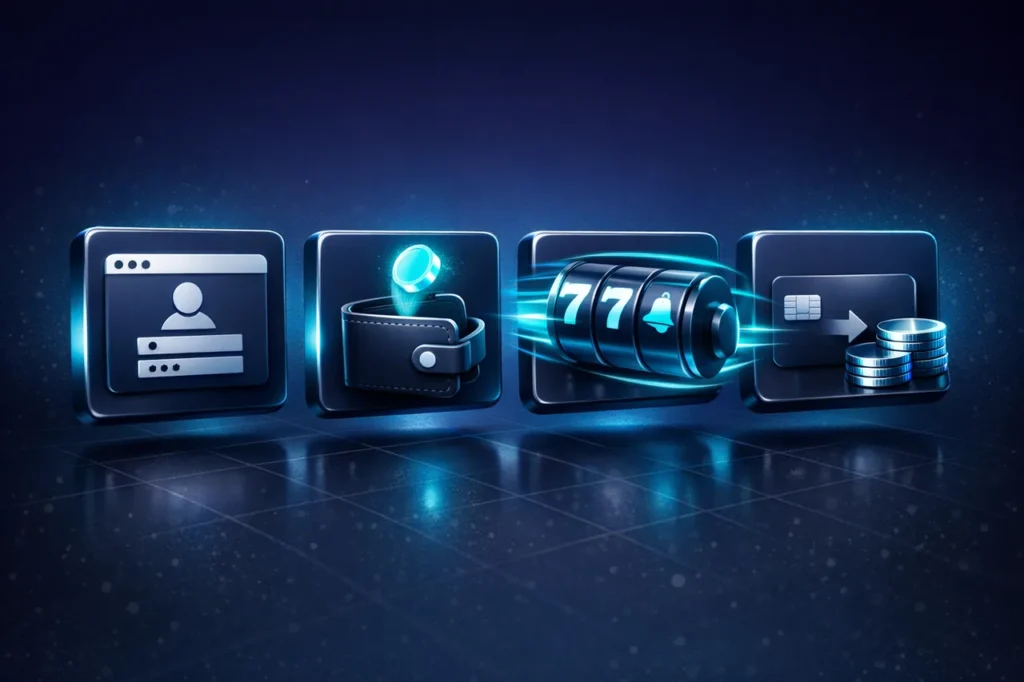 Vier Phasen des No-Deposit-Bonuszyklus dargestellt als glänzende 3D-Kacheln: Registrierung, Aktivierung, Umsatz und Auszahlung im indigo-cyan Editorial-Stil.